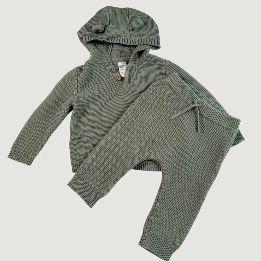 Carters  12M Green Knit Hoodie and Pants Set Bear Ears 2pc